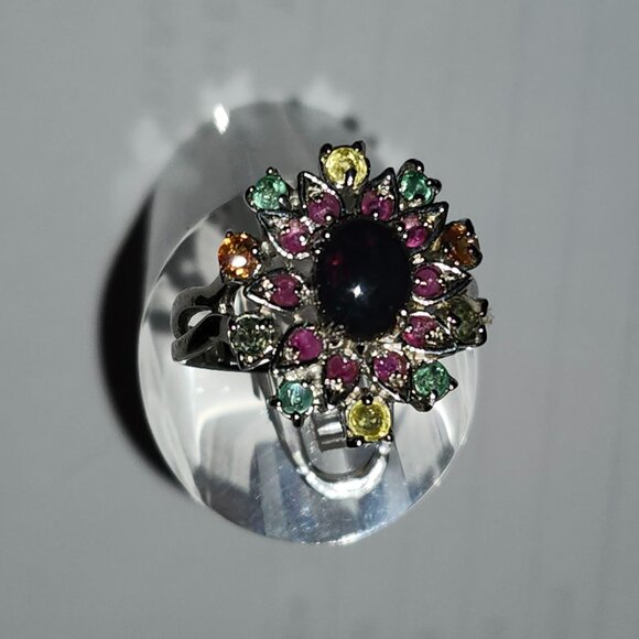 .925 Sterling Silver S/S Black Opal/Emerald/Ruby/Sapphire Ring Sz 8.5 $605 - Picture 1 of 8